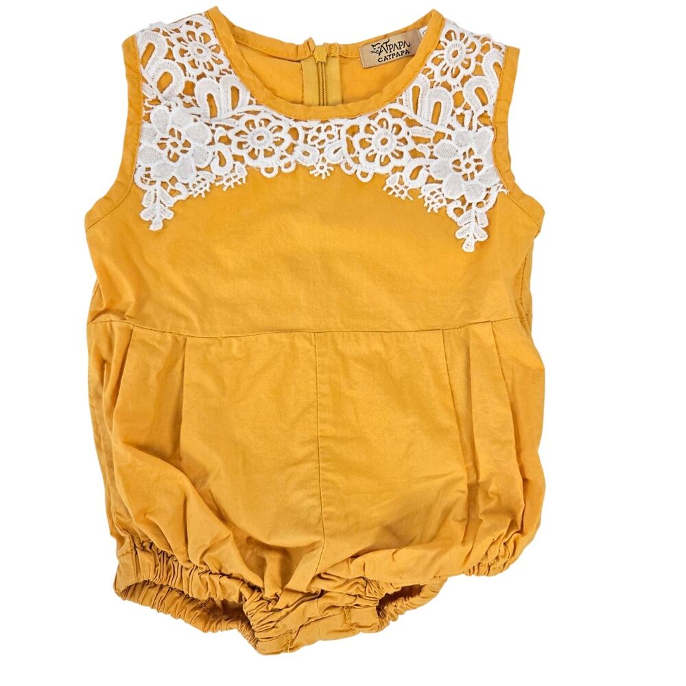 Catpapa Mustard Yellow Crochet Floral Overlay Bodysuit Romper 6-9 months